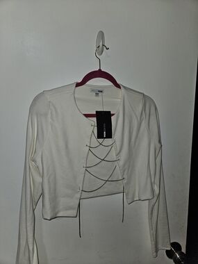 Fashion Nova Cream Cropped Cardigan with Chain Lacing